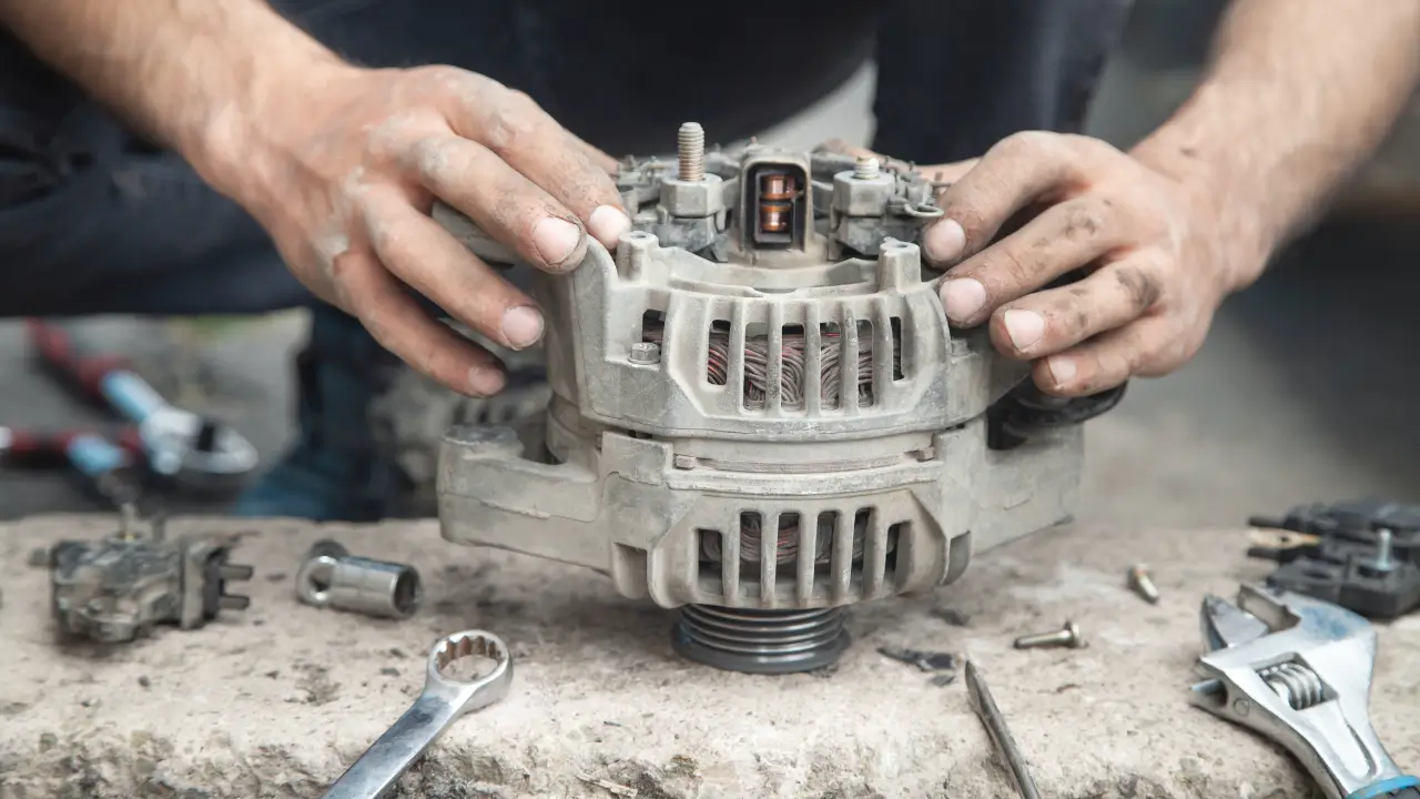 Mechanic performing alternator repair on a car alternator at a workshop bench.
