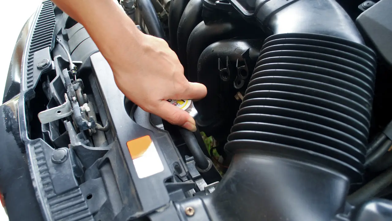 Radiator repair check with a mechanic inspecting a car coolant cap under the hood.
