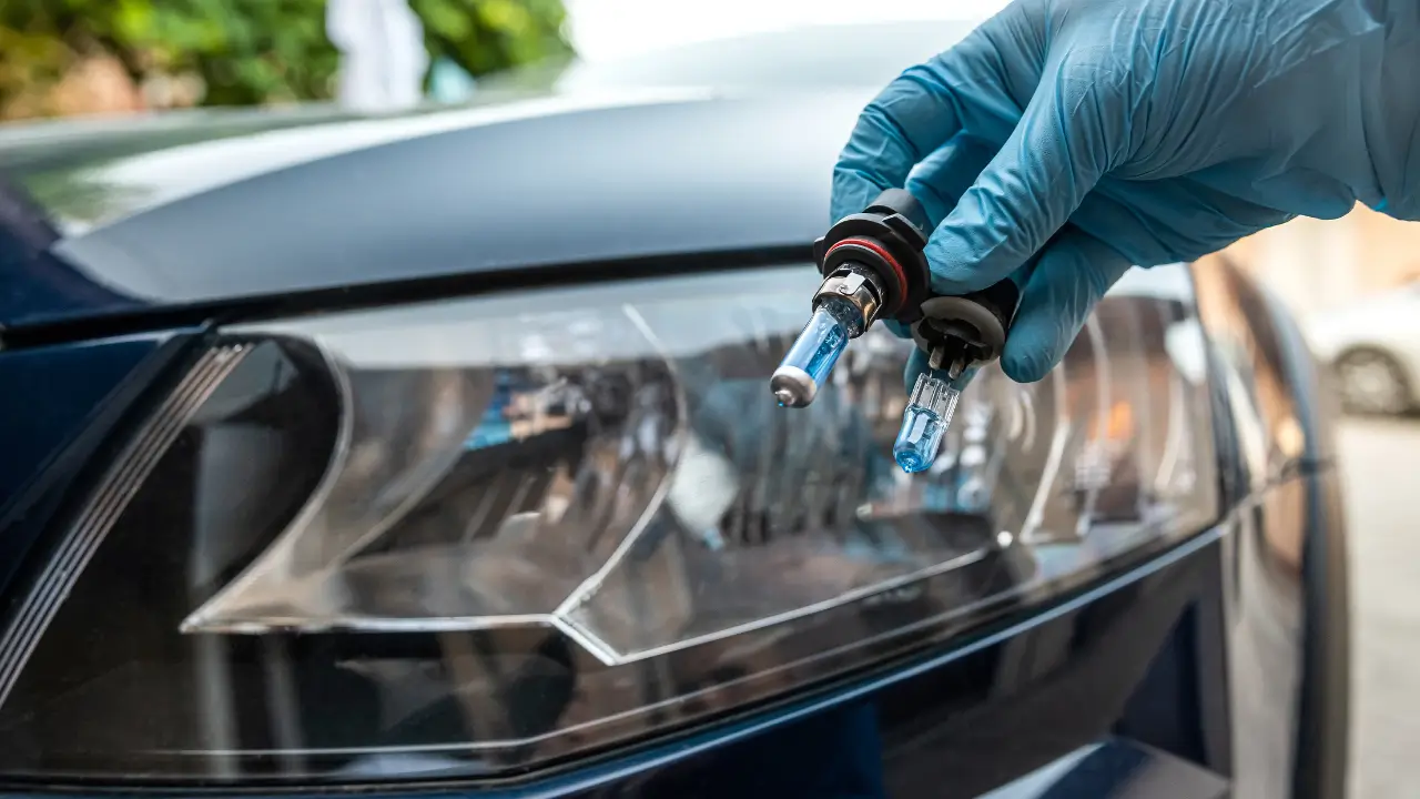 Mechanic wearing blue glove holds new halogen headlight bulbs in front of a car's headlamp assembly
